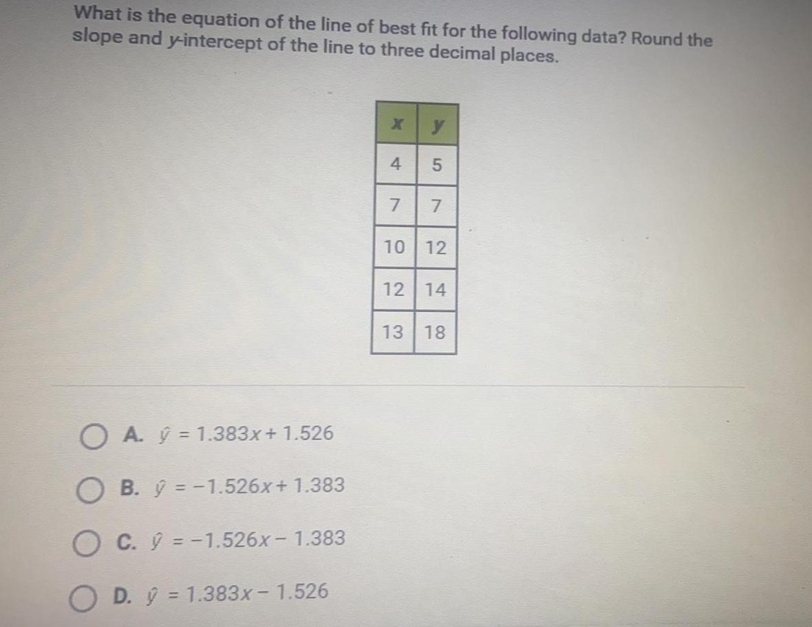 What is the equation of the line of best fit for the following data Round the slope and y intercept of the line to three decimal places OA 1 383x 1 526 OB y 1 526x 1 383 OC 1 526x 1 383 OD 1 383x 1 526 X 4 7 5 7 10 12 12 14 13 18 CO