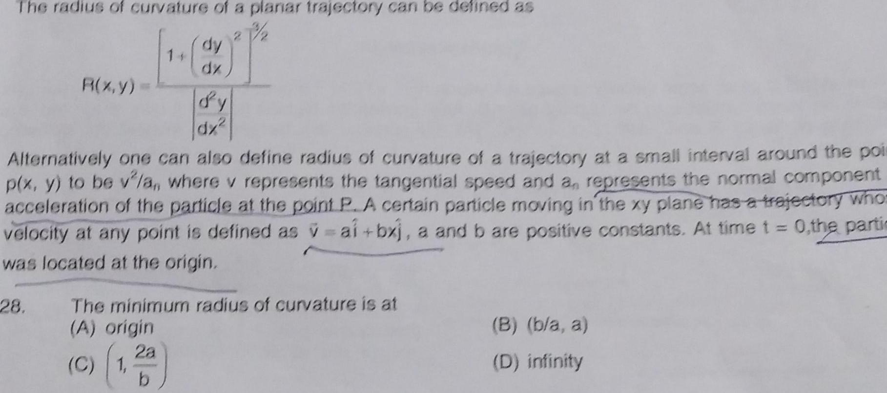 The radius of curvature of a planar trajectory can be