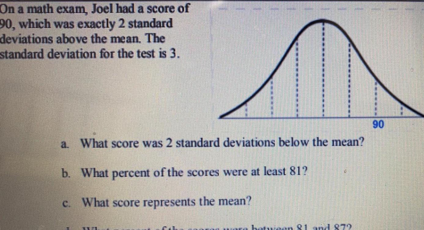 On a math exam Joel had a score of 90 which was exactly 2 standard deviations above the mean The standard deviation for the test is 3 What score was 2 standard deviations below the mean b What percent of the scores were at least 81 What score represents the mean a between R1 andd 079