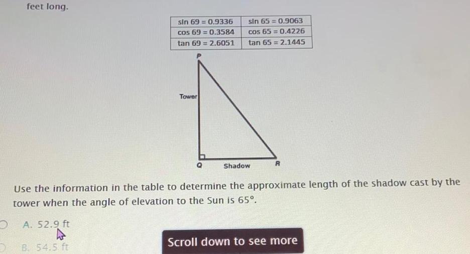 D feet long sin 69 0 9336 cos 69 0 3584 tan 69 2 6051 Tower sin 65 0 9063 cos 65 0 4226 tan 65 2 1445 Shadow R Use the information in the table to determine the approximate length of the shadow cast by the tower when the angle of elevation to the Sun is 65 A 52 9 ft B 54 5 ft Scroll down to see more