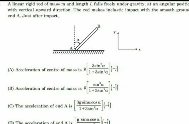 A linear rigid rod of mass m and length 1 falls freely under