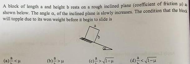 A block of length a and height b rests on a rough inclined