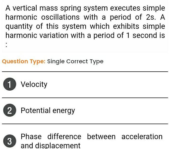 A vertical mass spring system executes simple harmonic oscillations with a period of 2s A quantity of this system which exhibits simple harmonic variation with a period of 1 second is Question Type Single Correct Type 1 Velocity 2 Potential energy 3 Phase difference between acceleration and displacement