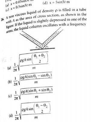 a x 0 05 c x 0 5sin5t m d x 5sin5t m 26 A non viscous liquid of density p is filled in a tube with A as the area of cross section as shown in the figure If the liquid is slightly depressed in one of the arms the liquid column oscillates with a frequency a b d 15 2n 15 PgA sin 0 0 2 111 pgA sin 8 sin0 PgA sin m pgA sin 8 sin 0 m 0 0 2 m