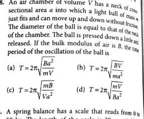 3 An air chamber of volume V has a neck of crow sectional area a into which a light ball of mass just fits and can move up and down without friction The diameter of the ball is equal to that of the neck of the chamber The ball is pressed down a little and released If the bulk modulus of air is B the time period of the oscillation of the ball is b T 2n a T 2m Ba mV BV mB ma mV Va Ba A spring balance has a scale that reads from 0 to c T 2 d T 2r