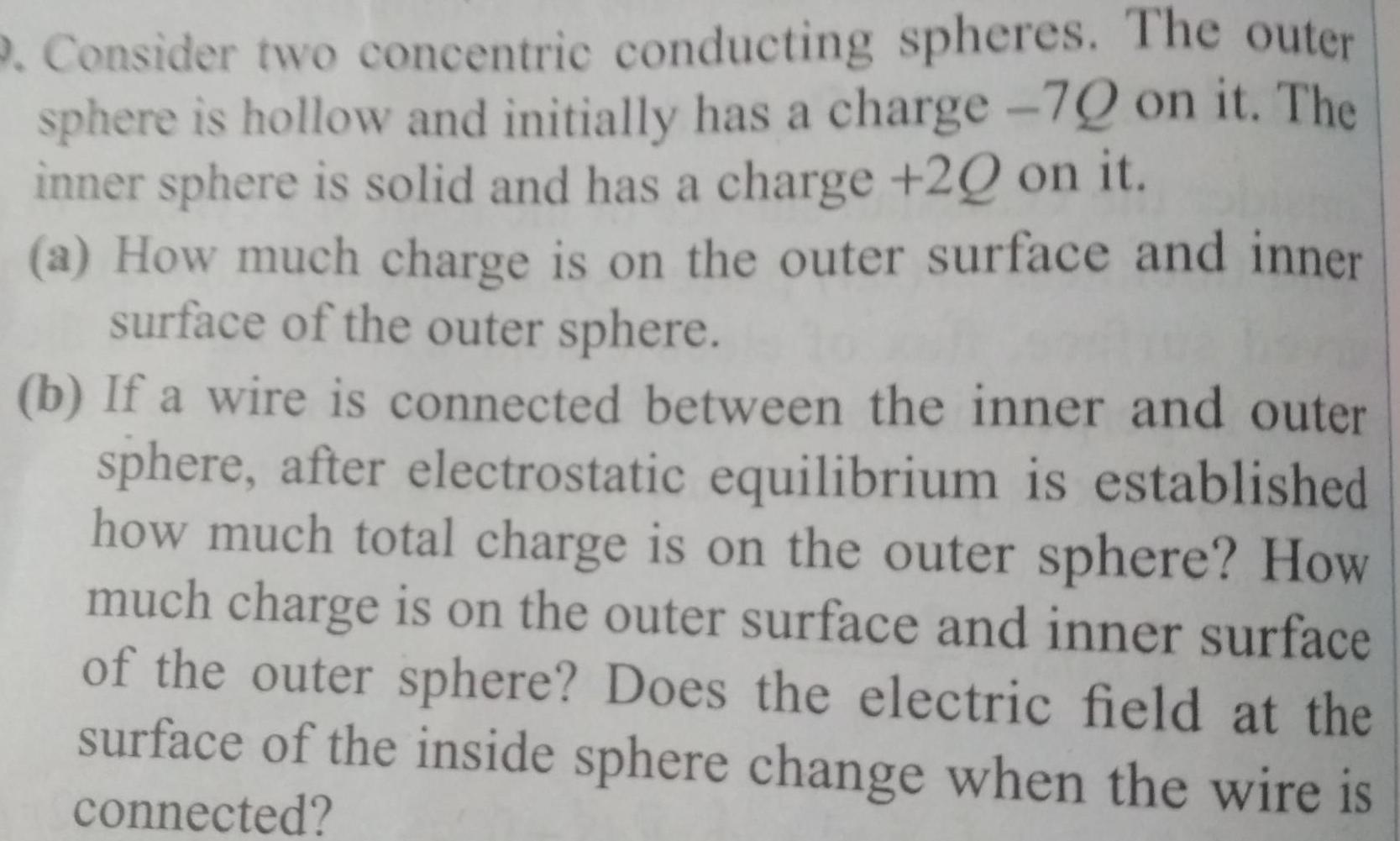 9 Consider two concentric conducting spheres The outer sphere is hollow and initially has a charge 70 on it The inner sphere is solid and has a charge 20 on it a How much charge is on the outer surface and inner surface of the outer sphere b If a wire is connected between the inner and outer sphere after electrostatic equilibrium is established how much total charge is on the outer sphere How much charge is on the outer surface and inner surface of the outer sphere Does the electric field at the surface of the inside sphere change when the wire is connected