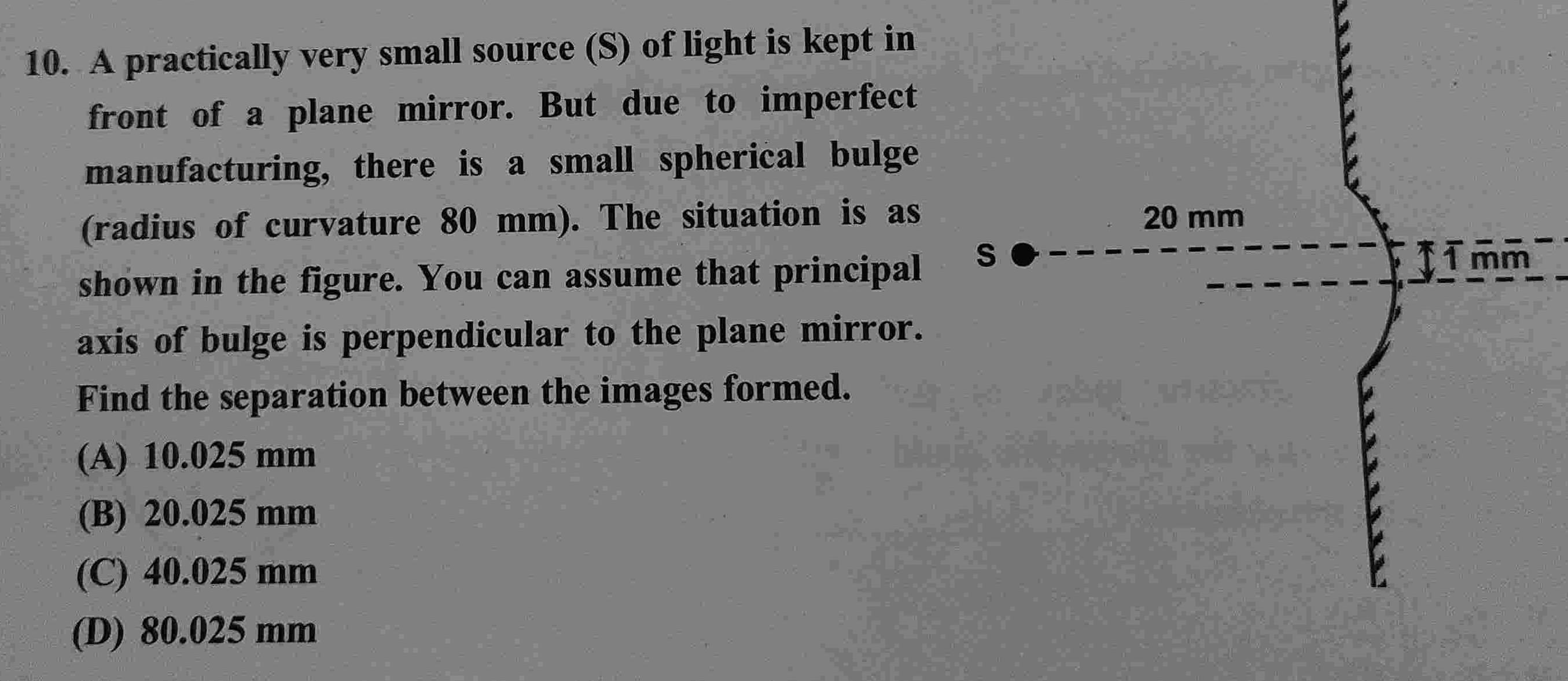 10 A practically very small source S of light is kept in front of a plane mirror But due to imperfect manufacturing there is a small spherical bulge radius of curvature 80 mm The situation is as shown in the figure You can assume that principal axis of bulge is perpendicular to the plane mirror Find the separation between the images formed A 10 025 mm B 20 025 mm C 40 025 mm D 80 025 mm S 20 mm 1mm