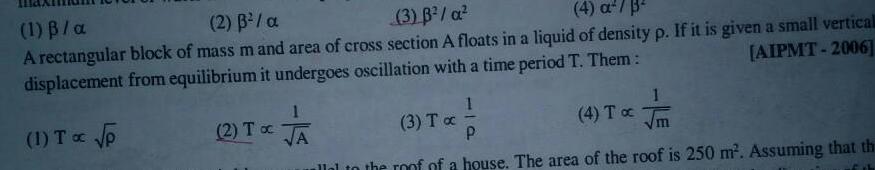 1 B a 2 3 a 3 B a 4 a 3 A rectangular block of mass m and area of cross section A floats in a liquid of density p If it is given a small verticall displacement from equilibrium it undergoes oscillation with a time period T Them AIPMT 2006 1 T p 2 To A 1 3 Tx 4 To P allal to the roof of a house The area of the roof is 250 m Assuming that th