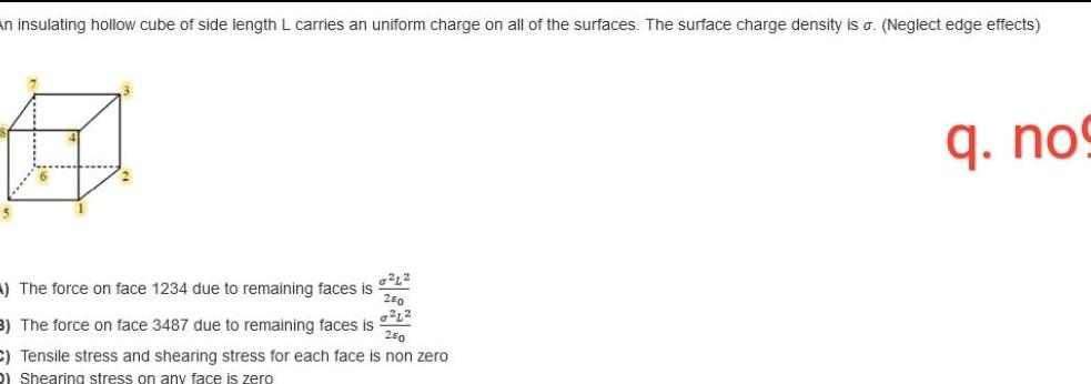 An insulating hollow cube of side length L carries an