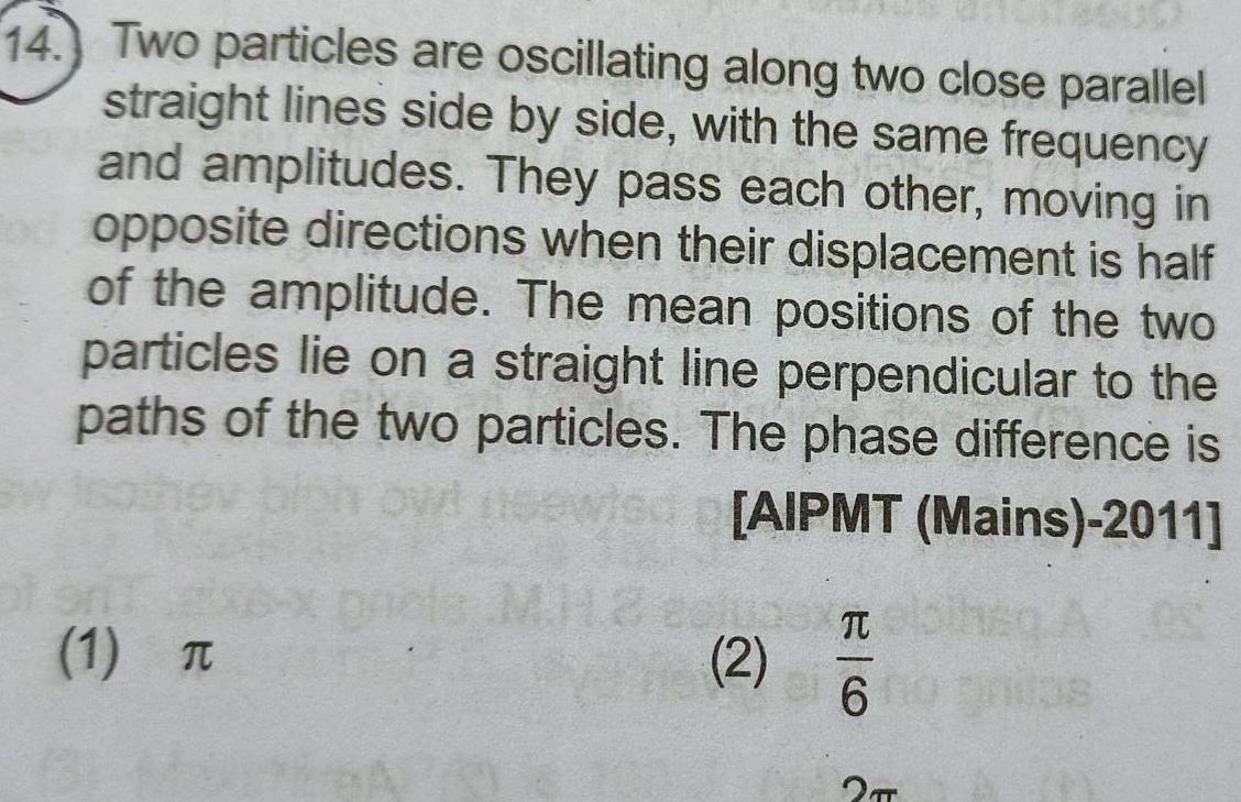 14 Two particles are oscillating along two close parallel straight lines side by side with the same frequency and amplitudes They pass each other moving in opposite directions when their displacement is half of the amplitude The mean positions of the two particles lie on a straight line perpendicular to the paths of the two particles The phase difference is AIPMT Mains 2011 1 T clubex 2 T FARIDAY 6 2TT