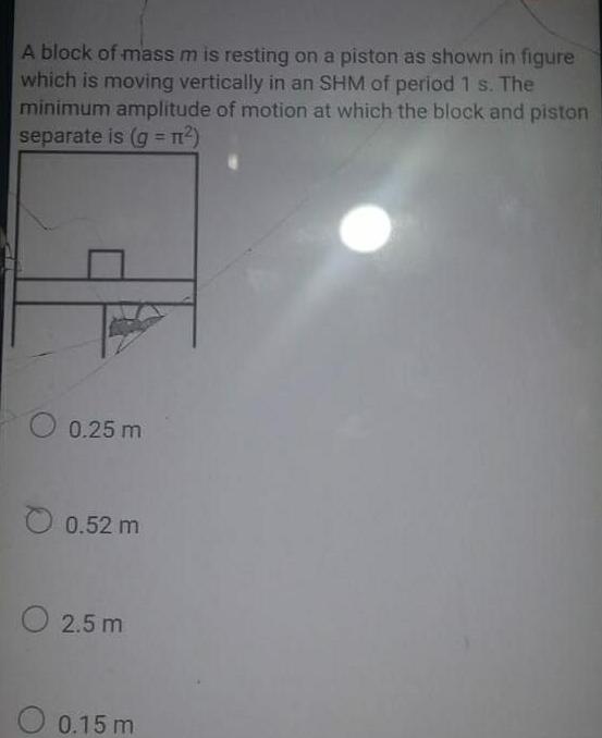 A block of mass m is resting on a piston as shown in figure which is moving vertically in an SHM of period 1 s The minimum amplitude of motion at which the block and piston separate is g n 0 25 m 0 52 m O 2 5 m 0 15 m