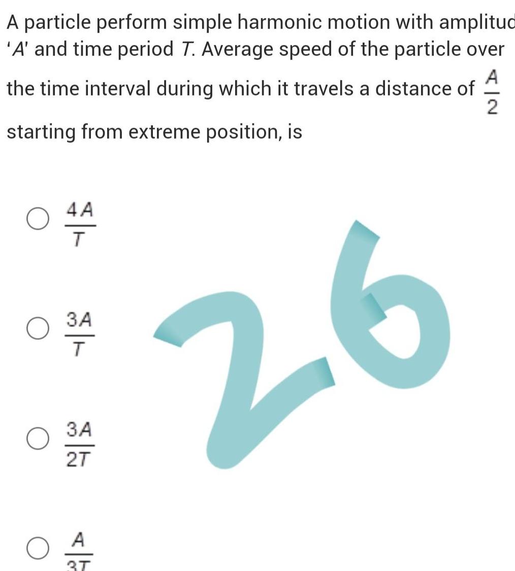 A particle perform simple harmonic motion with amplitud A and time period T Average speed of the particle over the time interval during which it travels a distance of A 2 starting from extreme position is 4 A 04A T 0 3A 3A 2T O A 3T 26