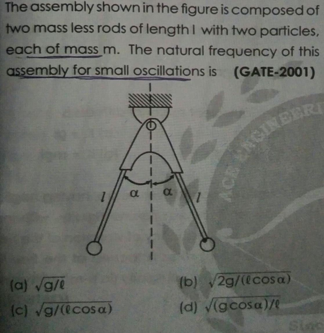 The assembly shown in the figure is composed of two mass less rods of length I with two particles each of mass m The natural frequency of this assembly for small oscillations is GATE 2001 a g l c g cosa a 1 b 2g lcosa d gcosa l CE ENGINEERI