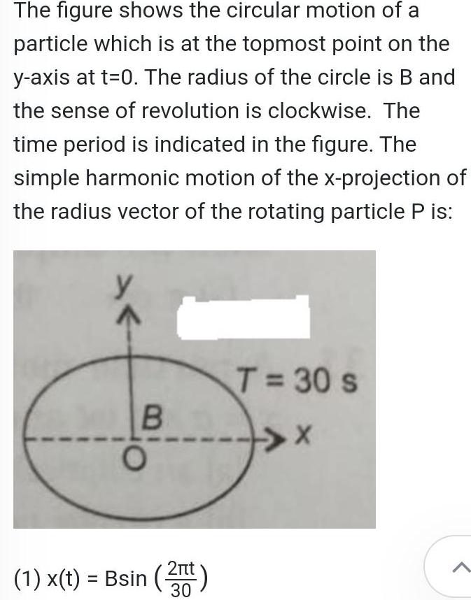 The figure shows the circular motion of a particle which is at the topmost point on the y axis at t 0 The radius of the circle is B and the sense of revolution is clockwise The time period is indicated in the figure The simple harmonic motion of the x projection of the radius vector of the rotating particle P is B O 1 x t Bsin 2 30 T 30 s X