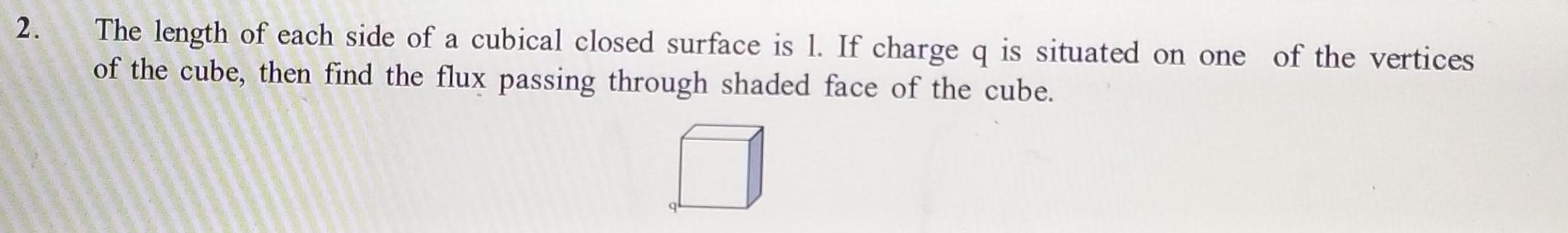 2 The length of each side of a cubical closed surface is 1 If charge q is situated on one of the vertices of the cube then find the flux passing through shaded face of the cube