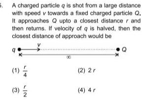 5 A charged particle q is shot from a large distance with speed v towards a fixed charged particle Q It approaches Q upto a closest distance r and then returns If velocity of q is halved then the closest distance of approach would be 9 1 2 2 3 2 2r 4 4r