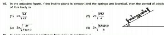 15 In the adjacent figure if the incline plane is smooth and the springs are identical then the period of oscilla of this body is 1 2n 3 2 M 2k M ksine 2 4 2 2M Msin 10