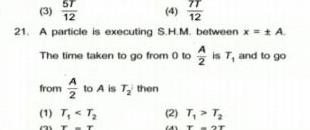 ST 3 4 12 12 21 A particle is executing S H M between x A The time taken to go from 0 to is T and to go from to A is T then 1 T T T 2 T T T 2T