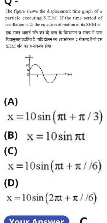 The figure shows the displacement time graph of a particle executing S H M If the time period of oscillation is 2s the equation of motion of its SHM is farger vert af SHMERY in m 10 A 5 for de 2 1 s A x 10sin nt n 3 B x 10sin t C x 10sin nt 6 D x 10sin 2nt n 6 Your Answer C