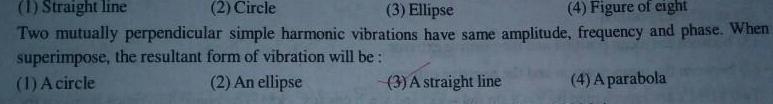 1 Straight line 2 Circle 3 Ellipse 4 Figure of eight Two mutually perpendicular simple harmonic vibrations have same amplitude frequency and phase When superimpose the resultant form of vibration will be 1 A circle 2 An ellipse 3 A straight line 4 A parabola