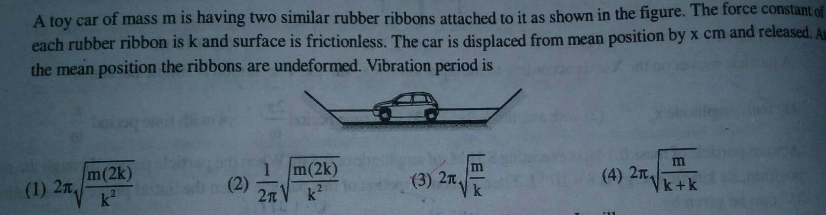 A toy car of mass m is having two similar rubber ribbons attached to it as shown in the figure The force constant of each rubber ribbon is k and surface is frictionless The car is displaced from mean position by x cm and released At the mean position the ribbons are undeformed Vibration period is m 2k 1 2 2 2 m 2k k 3 2T k 4 2T m k k