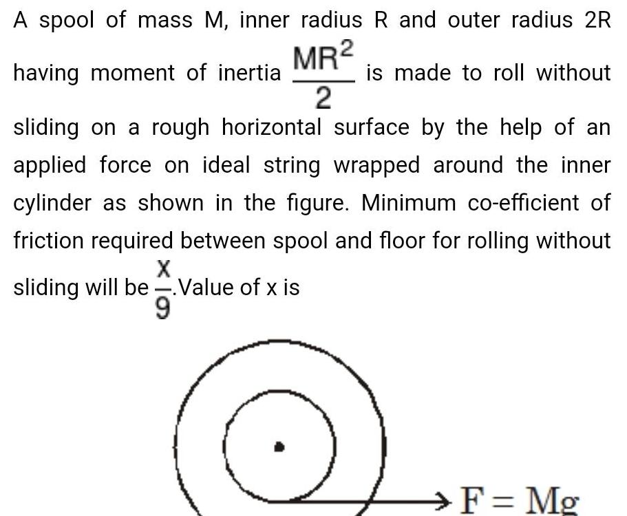 A spool of mass M inner radius R and outer radius 2R MR having moment of inertia 2 sliding on a rough horizontal surface by the help of an applied force on ideal string wrapped around the inner cylinder as shown in the figure Minimum co efficient of friction required between spool and floor for rolling without X sliding will be Value of x is 9 is made to roll without F Mg