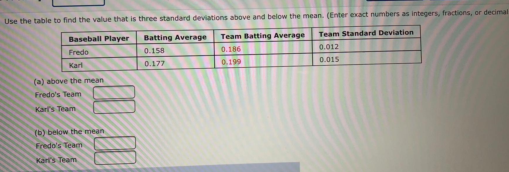 Use the table to find the value that is three standard deviations above and below the mean Enter exact numbers as integers fractions or decimal Baseball Player Fredo Batting Average Team Batting Average 0 158 0 186 Karl 0 177 0 199 a above the mean Fredo s Team Karl s Team b below the mean Fredo s Team Karl s Team Team Standard Deviation 0 012 0 015