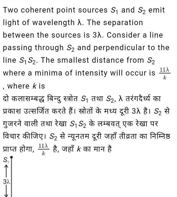 Two coherent point sources S and S emit light of wavelength A The separation between the sources is 3 Consider a line passing through S and perpendicular to the line S S The smallest distance from S where a minima of intensity will occur is where kis J a far UN ZAGA GR 21 g a feq g y mam tu a Paris y i am AA8 S 3 11X k 11X k