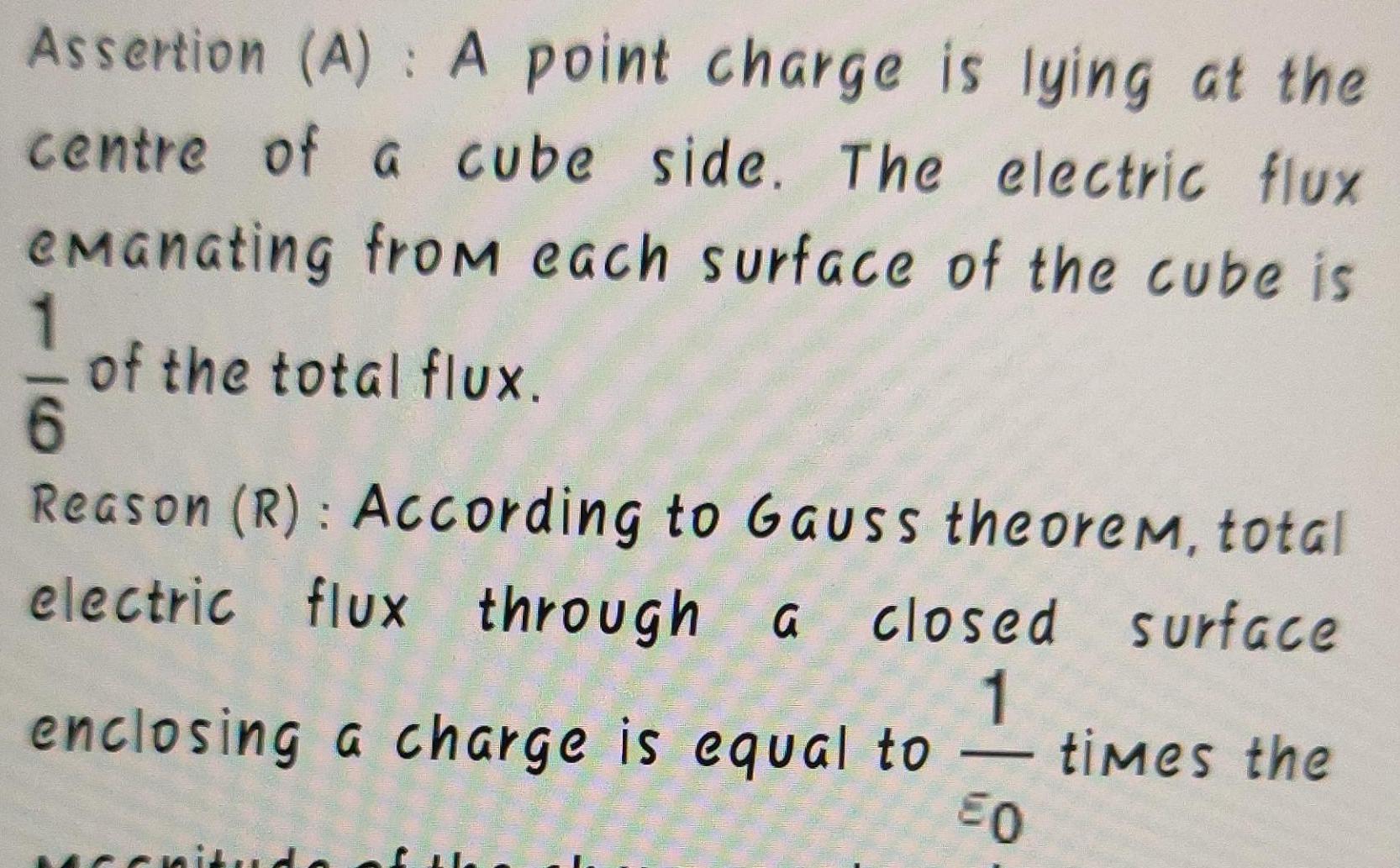 Assertion A A point charge is lying at the centre of a cube side The electric flux emanating from each surface of the cube is 1 6 of the total flux Reason R According to Gauss theorem total electric flux through a closed surface 1 times the enclosing a charge is equal to itud 0