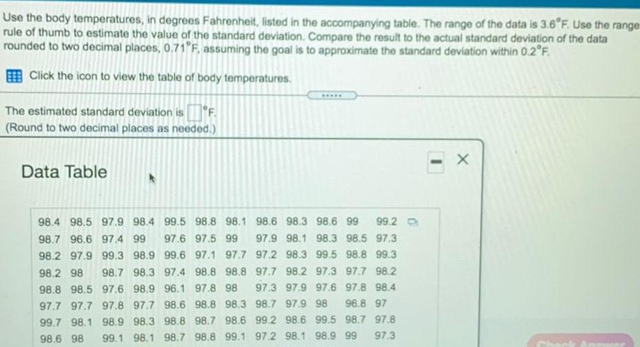 Use the body temperatures in degrees Fahrenheit listed in the accompanying table The range of the data is 3 6 F Use the range rule of thumb to estimate the value of the standard deviation Compare the result to the actual standard deviation of the data rounded to two decimal places 0 71 F assuming the goal is to approximate the standard deviation within 0 2 F Click the icon to view the table of body temperatures The estimated standard deviation is F Round to two decimal places as needed Data Table 98 4 98 5 97 9 98 4 99 5 98 8 98 1 98 6 98 3 98 6 99 99 2 98 7 96 6 97 4 99 97 6 97 5 99 97 9 98 1 98 3 98 5 97 3 98 2 97 9 99 3 98 9 99 6 97 1 97 7 97 2 98 3 99 5 98 8 99 3 98 2 98 98 7 98 3 97 4 98 8 98 8 97 7 98 2 97 3 97 7 98 2 98 8 98 5 97 6 98 9 96 1 97 8 98 97 3 97 9 97 6 97 8 98 4 97 7 97 7 97 8 97 7 98 6 98 8 98 3 98 7 97 9 98 96 8 97 99 7 98 1 98 9 98 3 98 8 98 7 98 6 99 2 98 6 99 5 98 7 97 8 98 6 98 97 3 99 1 98 1 98 7 98 8 99 1 97 2 98 1 98 9 99 X