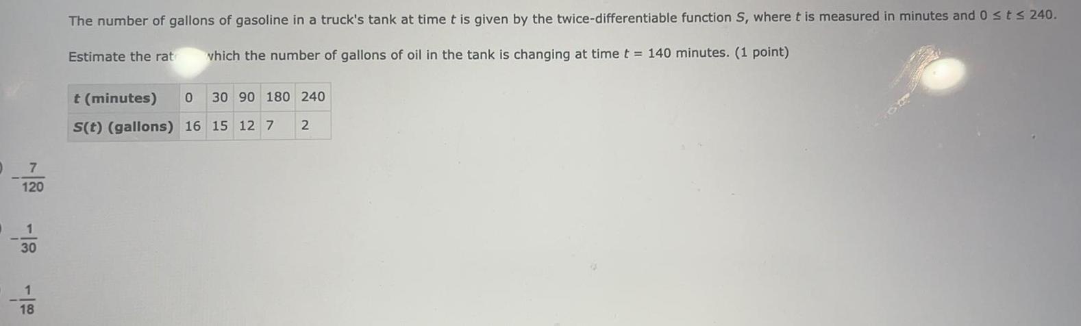 7 120 1 30 18 The number of gallons of gasoline in a truck s tank at time t is given by the twice differentiable function S where t is measured in minutes and 0 t 240 which the number of gallons of oil in the tank is changing at time t 140 minutes 1 point Estimate the rat 0 30 90 180 240 t minutes S t gallons 16 15 12 7 2