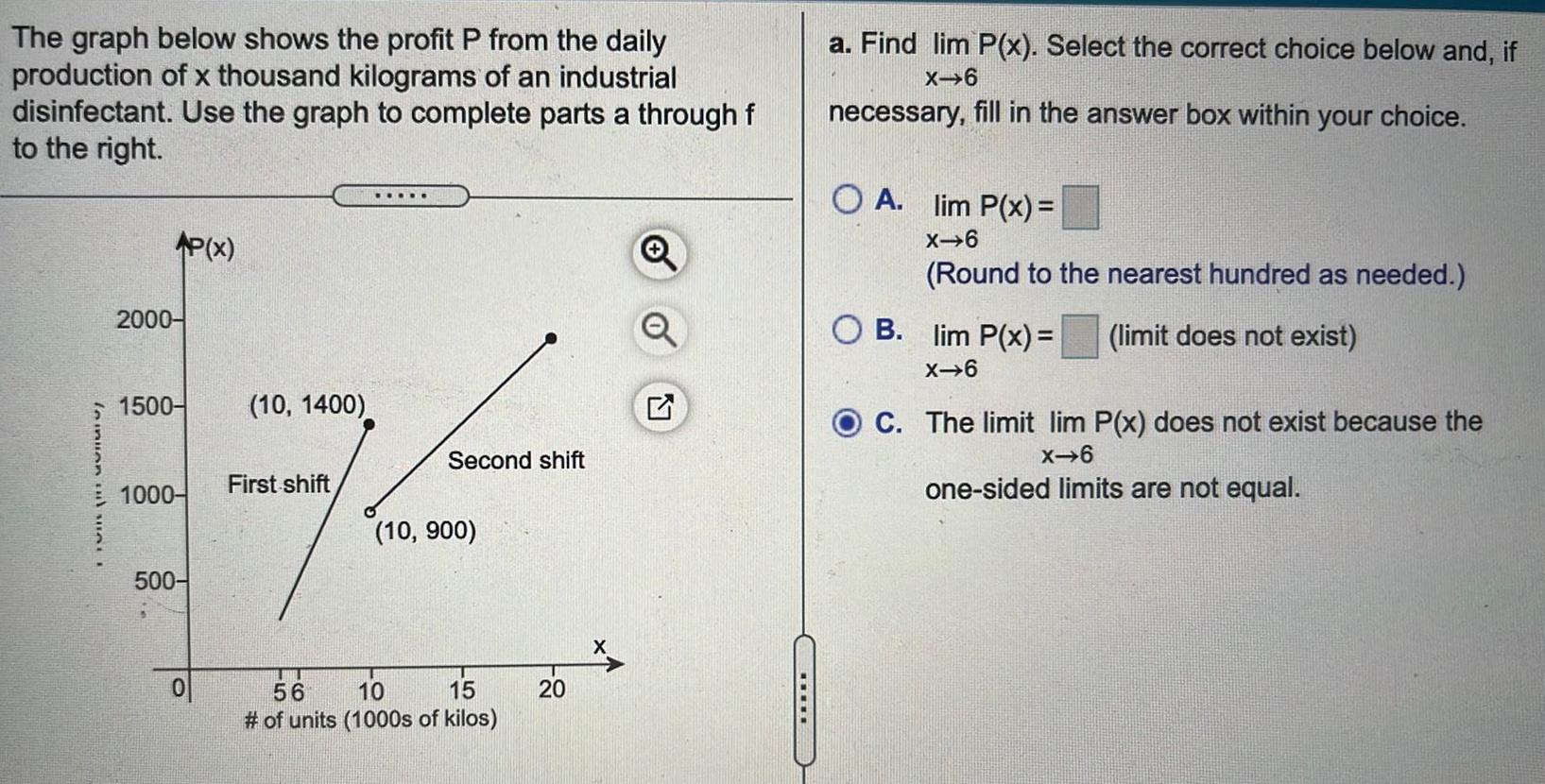 The graph below shows the profit P from the daily production of x thousand kilograms of an industrial disinfectant Use the graph to complete parts a through f to the right leinuen und unt 2000 1500 1000 P x 500 0 10 1400 First shift Second shift 10 900 56 10 15 of units 1000s of kilos 20 N a Find lim P x Select the correct choice below and if X 6 necessary fill in the answer box within your choice OA lim P x X 6 Round to the nearest hundred as needed limit does not exist OB lim P x X 6 C The limit lim P x does not exist because the X 6 one sided limits are not equal