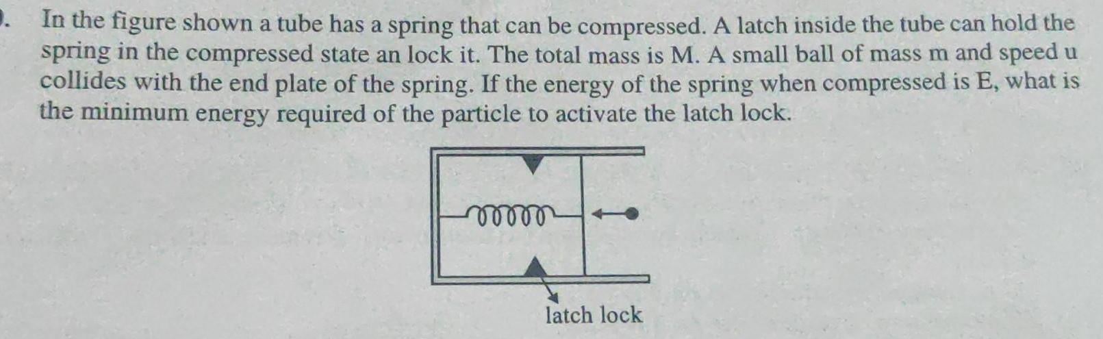 In the figure shown a tube has a spring that can be compressed A latch inside the tube can hold the spring in the compressed state an lock it The total mass is M A small ball of mass m and speed u collides with the end plate of the spring If the energy of the spring when compressed is E what is the minimum energy required of the particle to activate the latch lock voooo latch lock