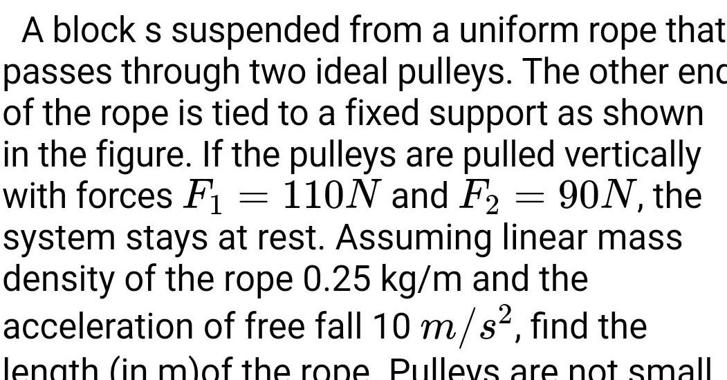 A block s suspended from a uniform rope that passes through two ideal pulleys The other enc of the rope is tied to a fixed support as shown in the figure If the pulleys are pulled vertically with forces F 110N and F 90N the F2 system stays at rest Assuming linear mass density of the rope 0 25 kg m and the acceleration of free fall 10 m s find the length in m of the rope Pulleys are not small