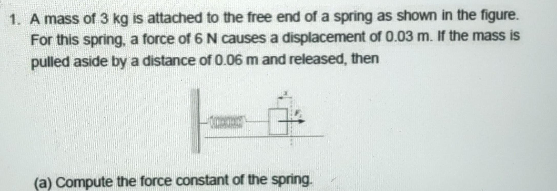 1 A mass of 3 kg is attached to the free end of a spring as shown in the figure For this spring a force of 6 N causes a displacement of 0 03 m If the mass is pulled aside by a distance of 0 06 m and released then donac a Compute the force constant of the spring