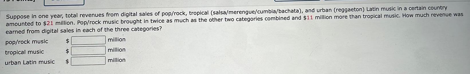 Suppose in one year total revenues from digital sales of pop rock tropical salsa merengue cumbia bachata and urban reggaeton Latin music in a certain country amounted to 21 million Pop rock music brought in twice as much as the other two categories combined and 11 million more than tropical music How much revenue was earned from digital sales in each of the three categories pop rock music tropical music urban Latin music million million million