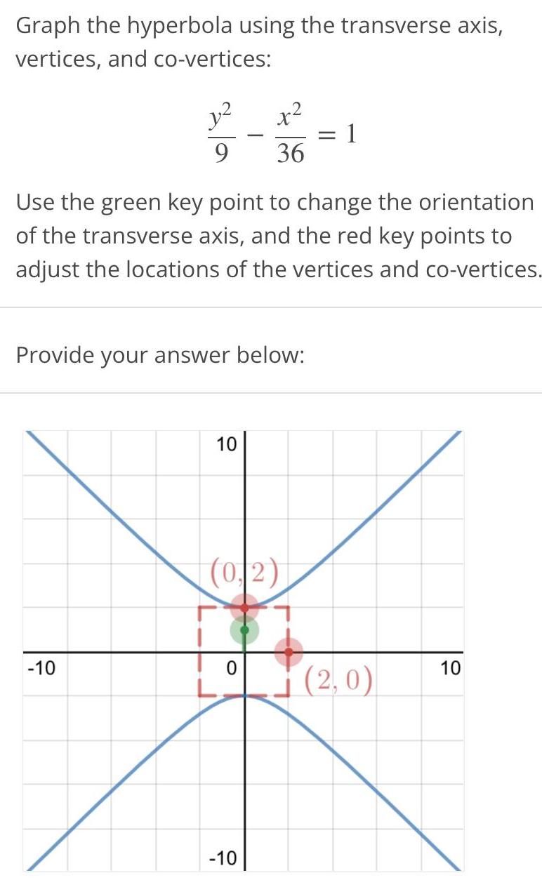 Graph the hyperbola using the transverse axis vertices and co vertices y x 22 12 1 9 36 Use the green key point to change the orientation of the transverse axis and the red key points to adjust the locations of the vertices and co vertices Provide your answer below 10 10 0 2 10 2 0 10