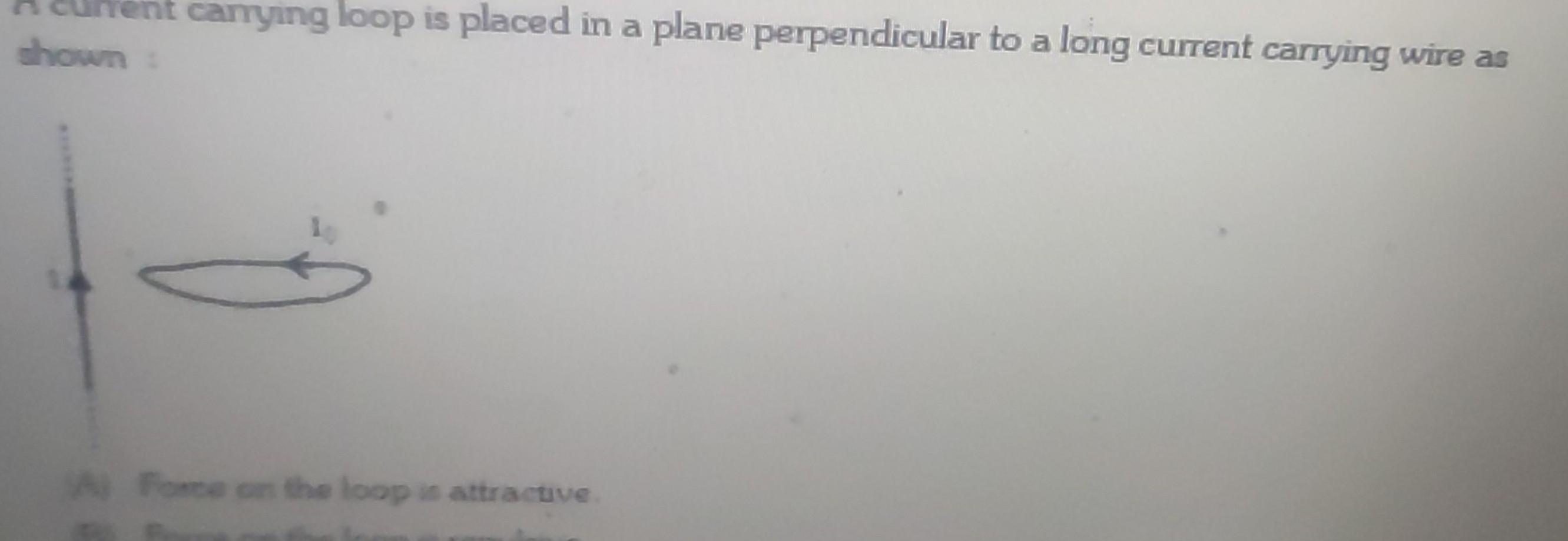 rent carrying loop is placed in a plane perpendicular to a long current carrying wire as shown A Force on the loop is attractive