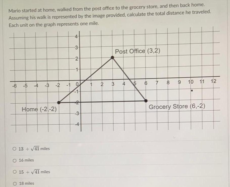 Mario started at home walked from the post office to the grocery store and then back home Assuming his walk is represented by the image provided calculate the total distance he traveled Each unit on the graph represents one mile 6 5 4 Home 2 2 O 13 41 miles O 16 miles O 15 41 miles O 18 miles 4 3 3 2 1 0 1 2 1 ND 2 3 4 1 2 3 Post Office 3 2 4 5 6 7 8 9 10 11 Grocery Store 6 2 12