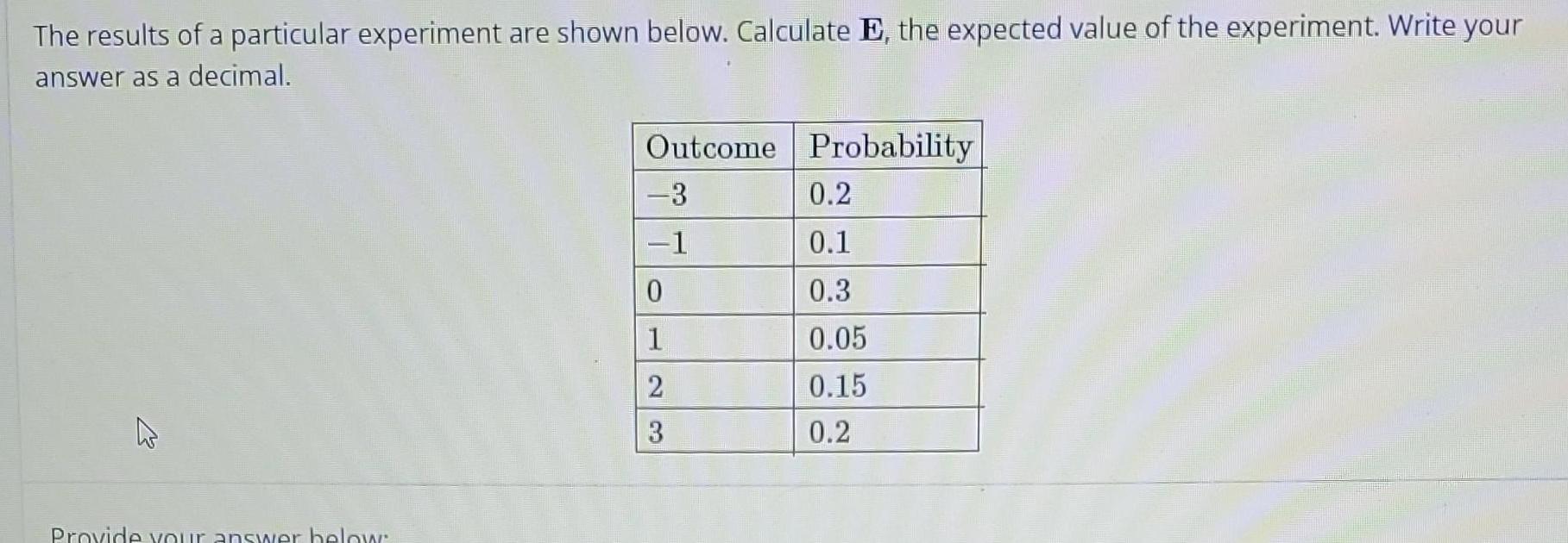 The results of a particular experiment are shown below Calculate E the expected value of the experiment Write your answer as a decimal K Provide your answer below Outcome 3 1 0 1 2 3 Probability 0 2 0 1 0 3 0 05 0 15 0 2