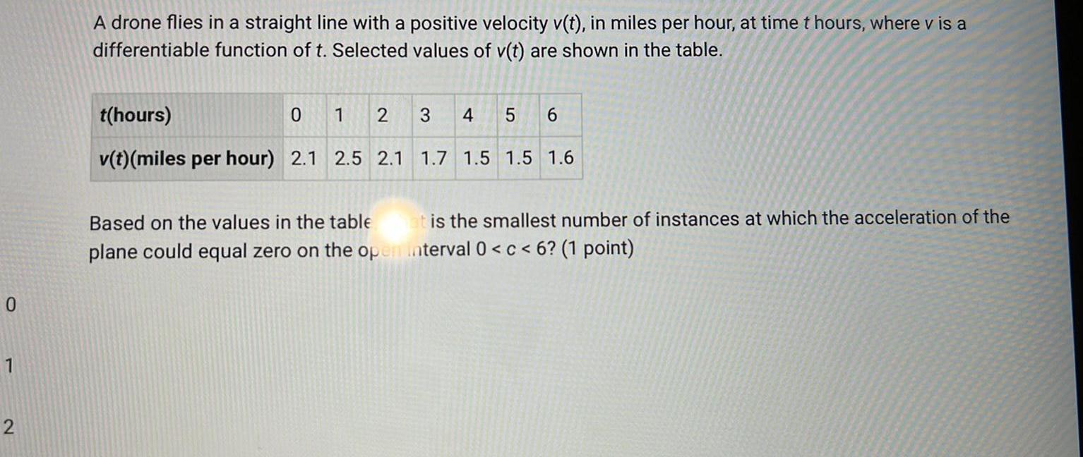 1 2 A drone flies in a straight line with a positive velocity v t in miles per hour at time t hours where v is a differentiable function of t Selected values of v t are shown in the table t hours 2 v t miles per hour 2 1 2 5 2 1 0 1 3 4 5 6 1 7 1 5 1 5 1 6 Based on the values in the table at is the smallest number of instances at which the acceleration of the plane could equal zero on the open interval 0 c 6 1 point