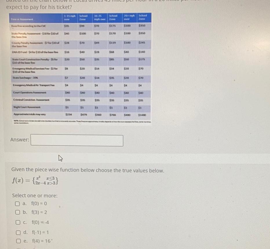 expect to pay for his ticket Bew Party 30x530of DNAID Fund 4 30 of the bene State Court Cobain Pully Av 10 of the be wet 7 for 20 d Emergecy Modical Servics Free 52 fm 10 of the be fre mergency Made Tosport Fee Court Opetions Amet Night Court A Criminal Conviction Amet Answer wy 15mph Schod Select one or more a f 0 0 O b f 3 2 O c f 0 4 O d f 1 1 O e f 4 16 535 40 516 58 ST 54 40 535 1 5234 599 100 70 40 550 520 54 5 35 1 5479 mph one 570 5 70 38 514 24 4 540 1 SNO 5175 170 5119 568 sas 34 535 4 540 535 1 766 26 mgh over 100 100 100 540 550 20 20 54 540 535 51 SAND Schad Zone 5350 350 245 140 175 70 570 4 540 35 1 143 Given the piece wise function below choose the true values below f x 2 121 4 z 3