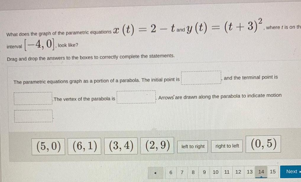 What does the graph of the parametric equations 4 0 Drag and drop the answers to the boxes to correctly complete the statements interval X t 2 t and y t t 3 look like The parametric equations graph as a portion of a parabola The initial point is The vertex of the parabola is 5 0 6 1 3 4 2 9 11 Arrows are drawn along the parabola to indicate motion 6 left to right 7 8 9 and the terminal point is right to left where t is on th 10 11 12 0 5 13 14 15 Next