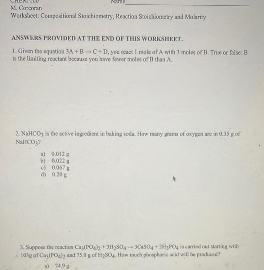 Name M Corcoran Worksheet Compositional Stoichiometry