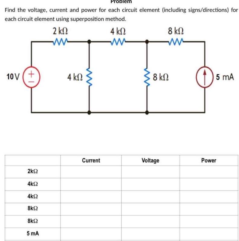 Problem Find the voltage current and power for each circuit