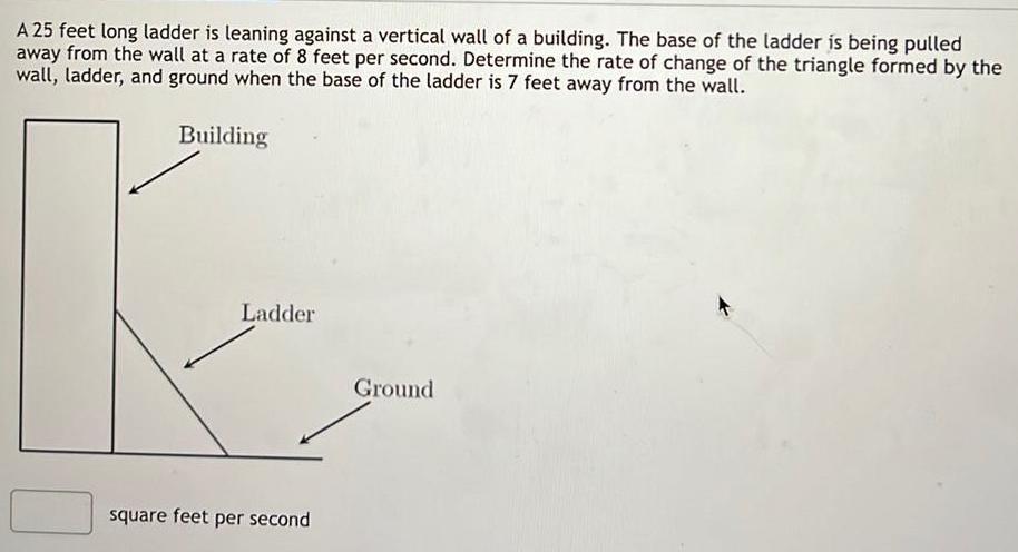 A 25 feet long ladder is leaning against a vertical wall of a building The base of the ladder is being pulled away from the wall at a rate of 8 feet per second Determine the rate of change of the triangle formed by the wall ladder and ground when the base of the ladder is 7 feet away from the wall Building Ladder square feet per second Ground