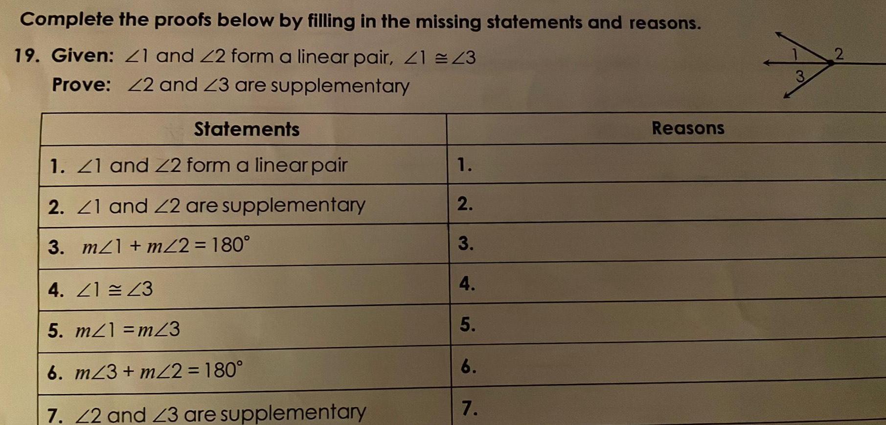 Complete the proofs below by filling in the missing statements and reasons 19 Given 21 and 22 form a linear pair 21 23 Prove 22 and 23 are supplementary Statements 1 21 and 22 form a linear pair 2 21 and 22 are supplementary 3 m 1 m2 180 4 21 23 5 m 1 m 3 6 m 3 m2 180 7 22 and 23 are supplementary 1 2 3 4 5 6 7 Reasons 3 2