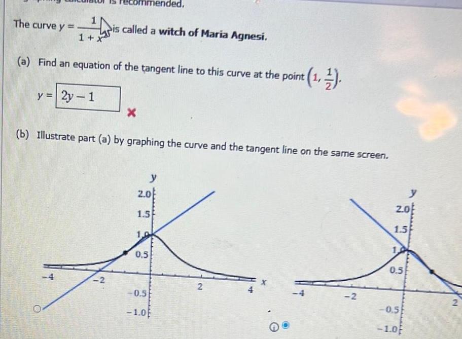 The curve y is called a witch of Maria Agnesi 1 a Find an equation of the tangent line to this curve at the point 1 y 2y 1 2 X b Illustrate part a by graphing the curve and the tangent line on the same screen 2 0 1 5 y 1 0 0 5 0 5 1 0 2 4 2 A 2 0 y 1 5 0 5 0 5 1 0 2