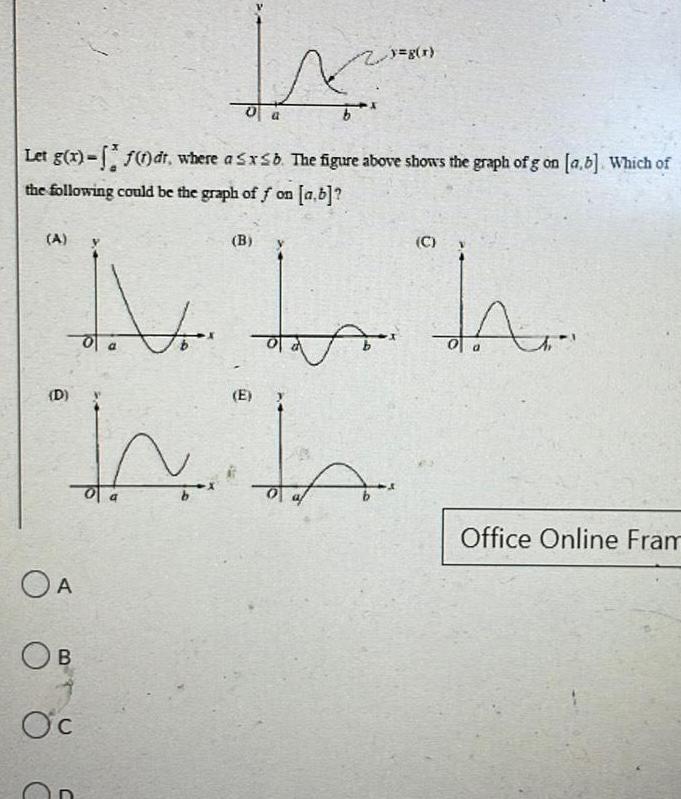 A to a Let g x f 1 dt where a x b The figure above shows the graph of g on a b Which of the following could be the graph of f on a b D 0 a OA OB Oc B M E y g r In th be he C Office Online Fram