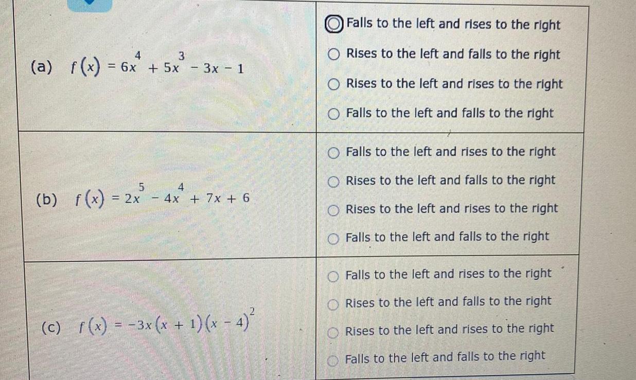 4 3 a f x 6x 5x 3x 1 5 4 b f x 2x 4x 7x 6 c f x 3x x 1 x 4 OO OO Falls to the left and rises to the right Rises to the left and falls to the right Rises to the left and rises to the right Falls to the left and falls to the right Falls to the left and rises to the right Rises to the left and falls to the right Rises to the left and rises to the right Falls to the left and falls to the right Falls to the left and rises to the right Rises to the left and falls to the right Rises to the left and rises to the right Falls to the left and falls to the right